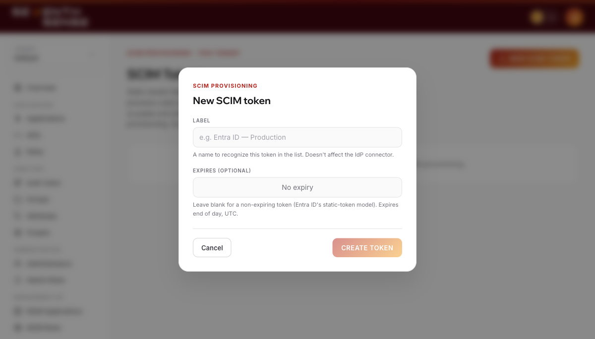 Creating a new SCIM token in the SenseCrypt admin console