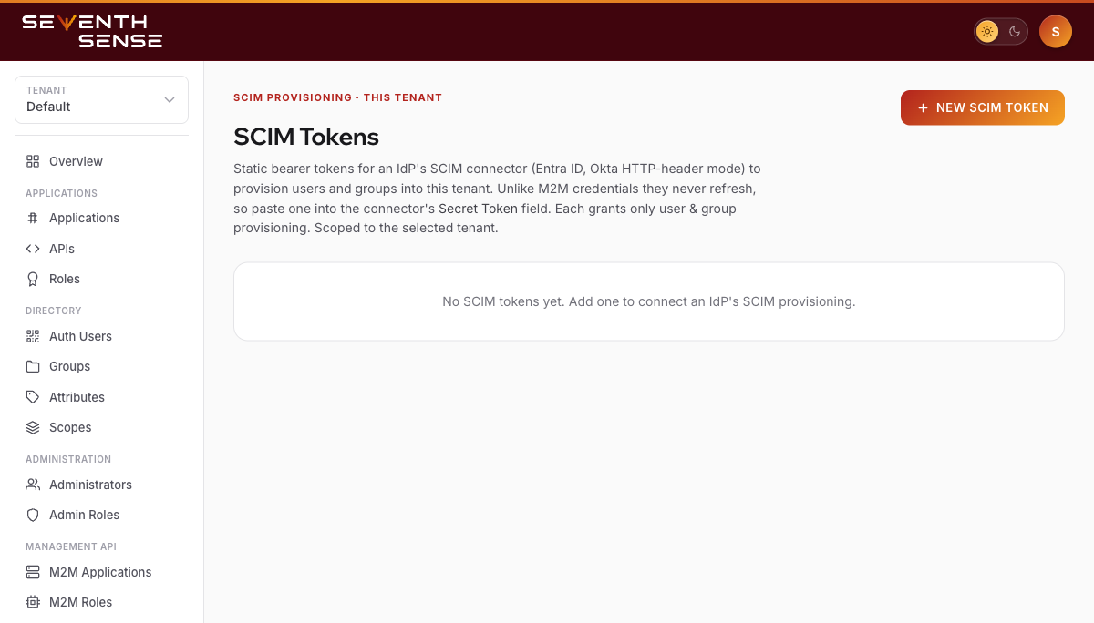 The SCIM Tokens page in the SenseCrypt admin console